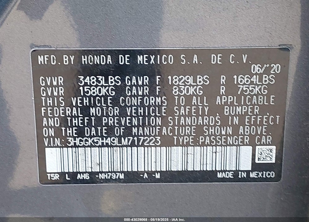 2020 HONDA FIT VIN: 3HGGK5H49LM717223