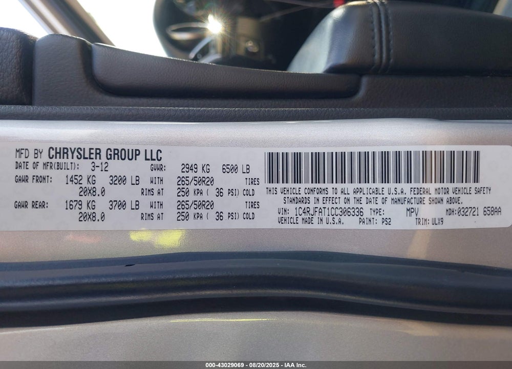 2012 JEEP GRAND CHEROKEE VIN: 1C4RJFAT1CC306336