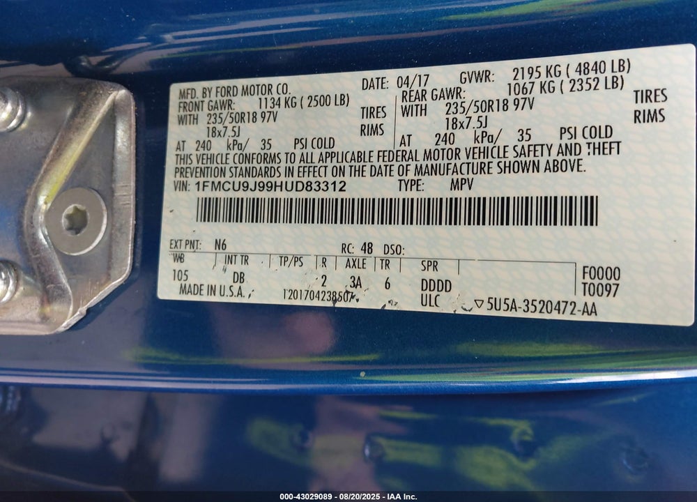 2017 FORD ESCAPE VIN: 1FMCU9J99HUD83312