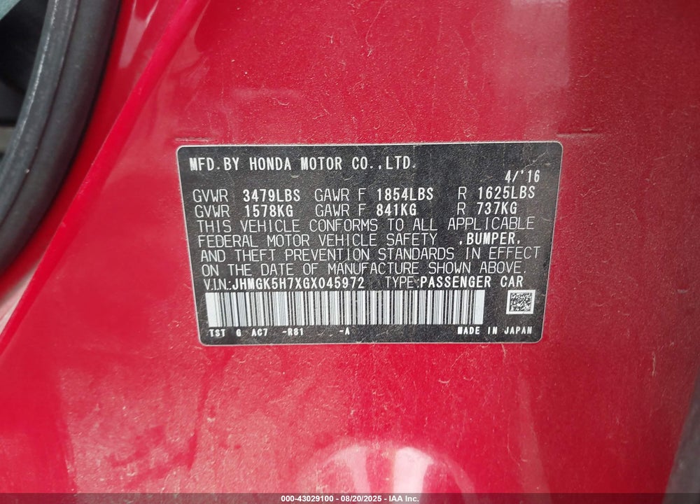 2016 HONDA FIT VIN: JHMGK5H7XGX045972