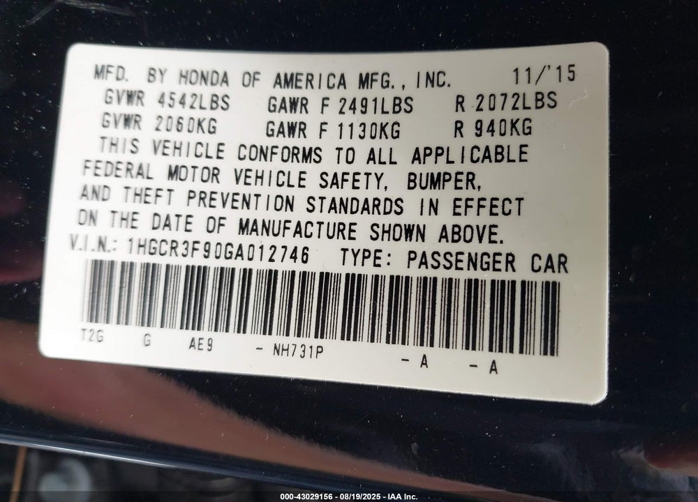 2016 HONDA ACCORD VIN: 1HGCR3F90GA012746