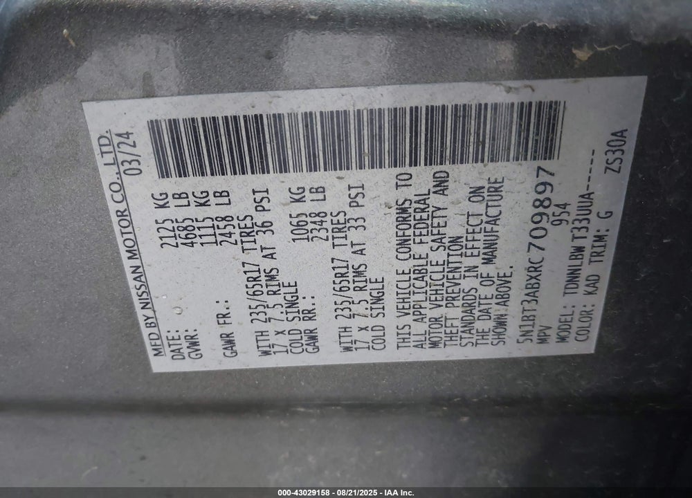 2024 NISSAN ROGUE VIN: 5N1BT3ABXRC709897