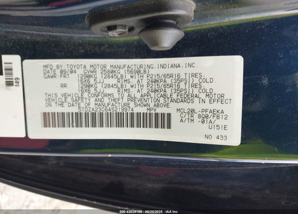 2004 TOYOTA SIENNA LE VIN: 5TDZA23C64S219974