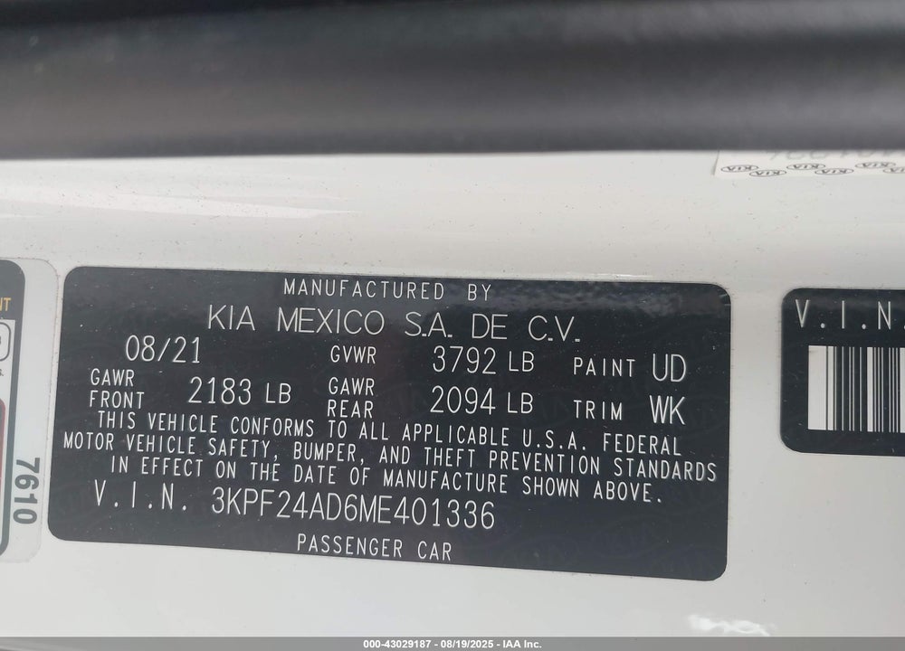 2021 KIA FORTE VIN: 3KPF24AD6ME401336