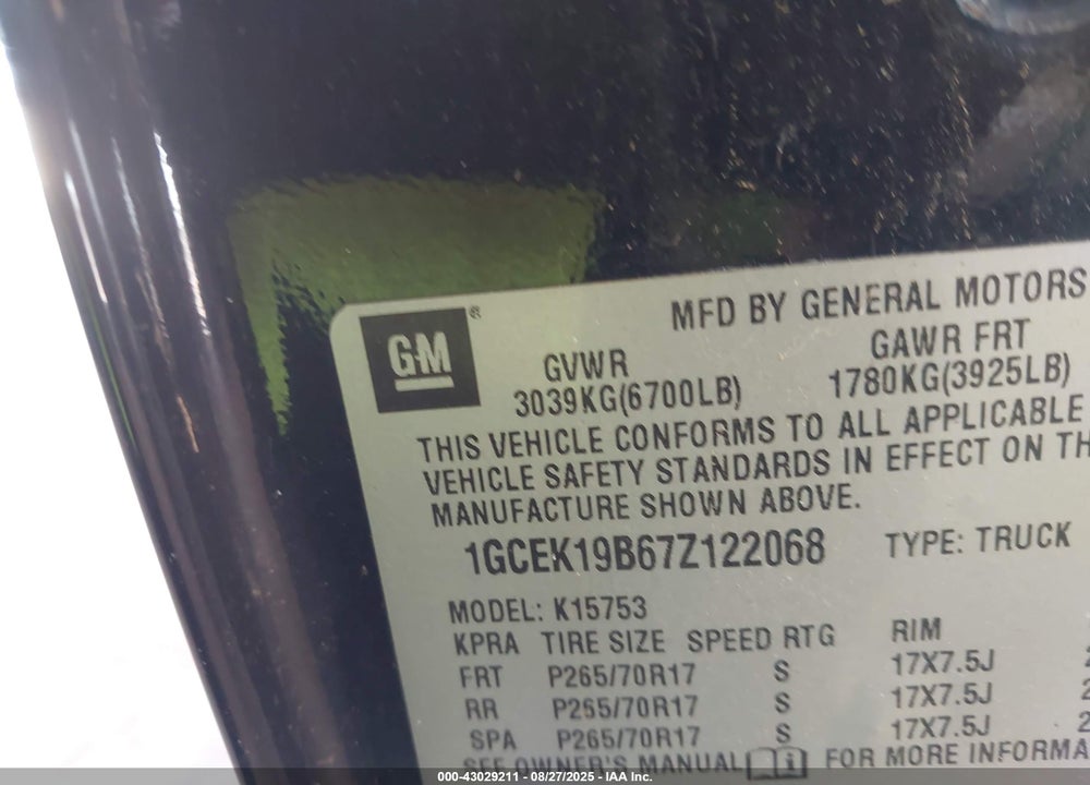 2007 CHEVROLET SILVERADO 1500 VIN: 1GCEK19B67Z122068