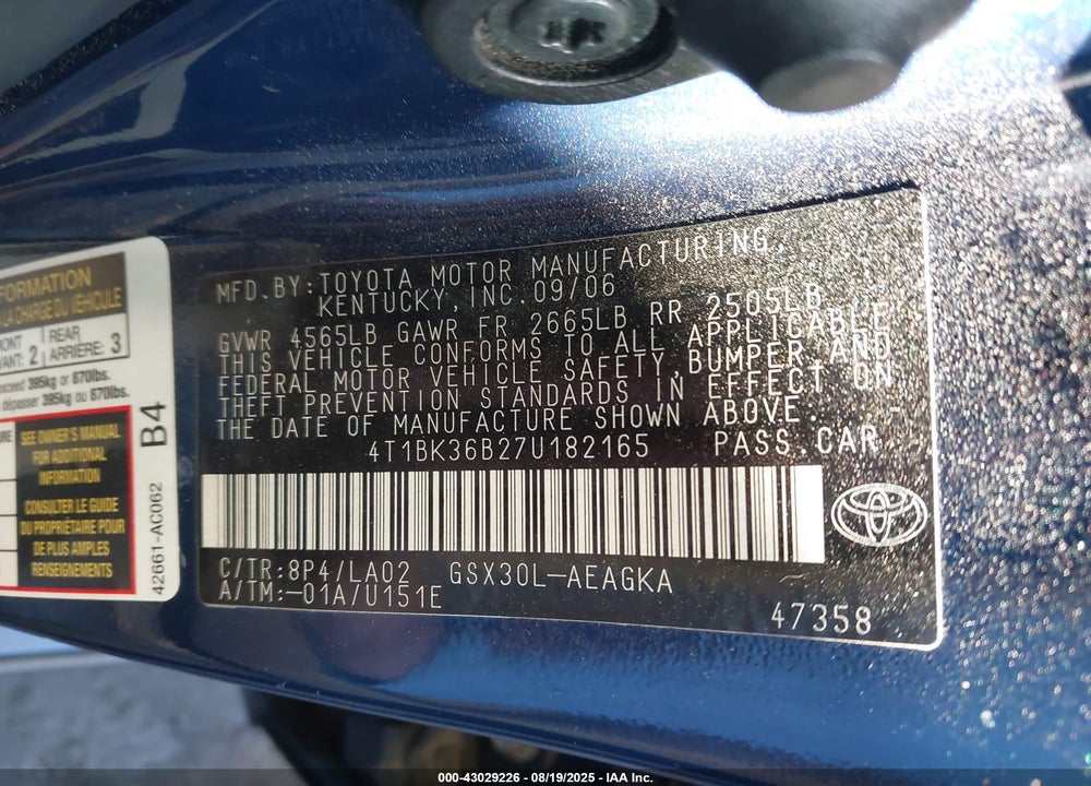 2007 TOYOTA AVALON XLS VIN: 4T1BK36B27U182165