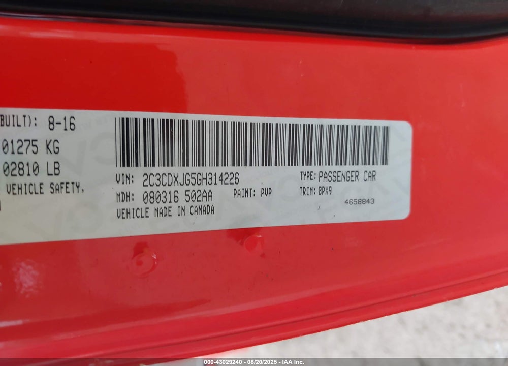 2016 DODGE CHARGER VIN: 2C3CDXJG5GH314226