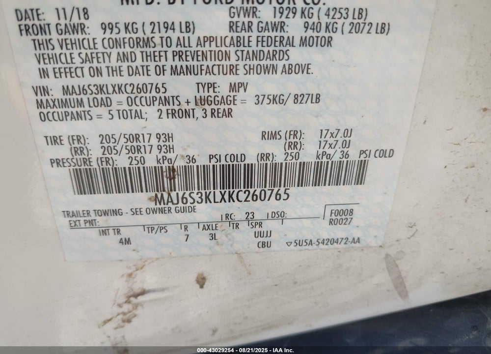 2019 FORD ECOSPORT VIN: MAJ6S3KLXKC260765
