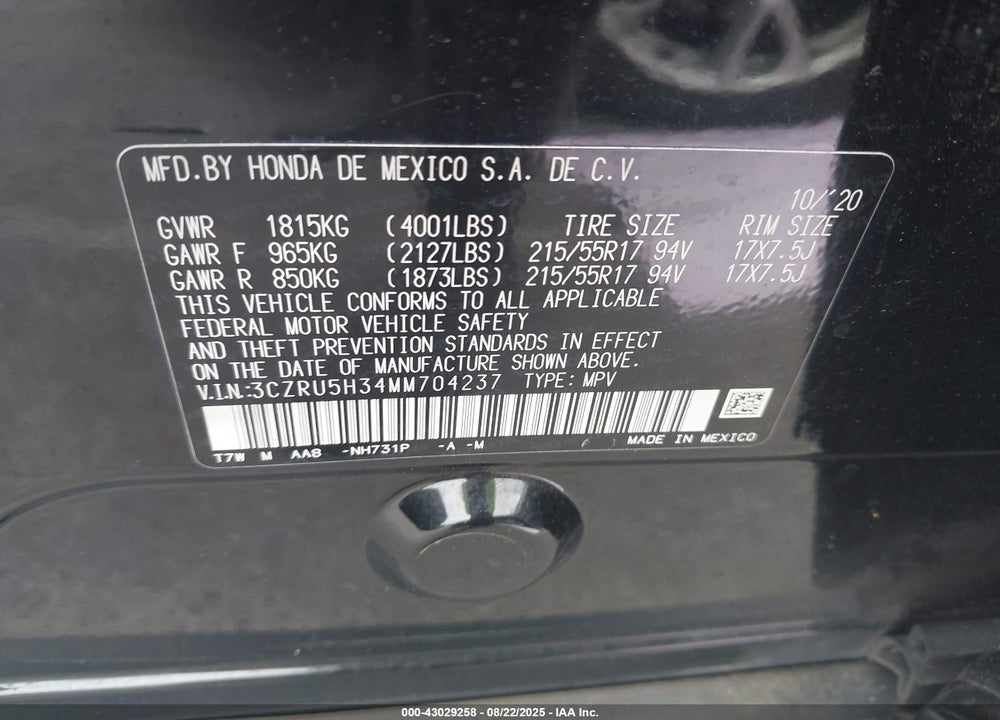 2021 HONDA HR-V VIN: 3CZRU5H34MM704237