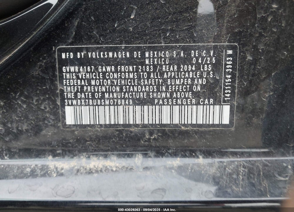 2025 VOLKSWAGEN JETTA 1.5T SPORT VIN: 3VWBX7BU8SM076849