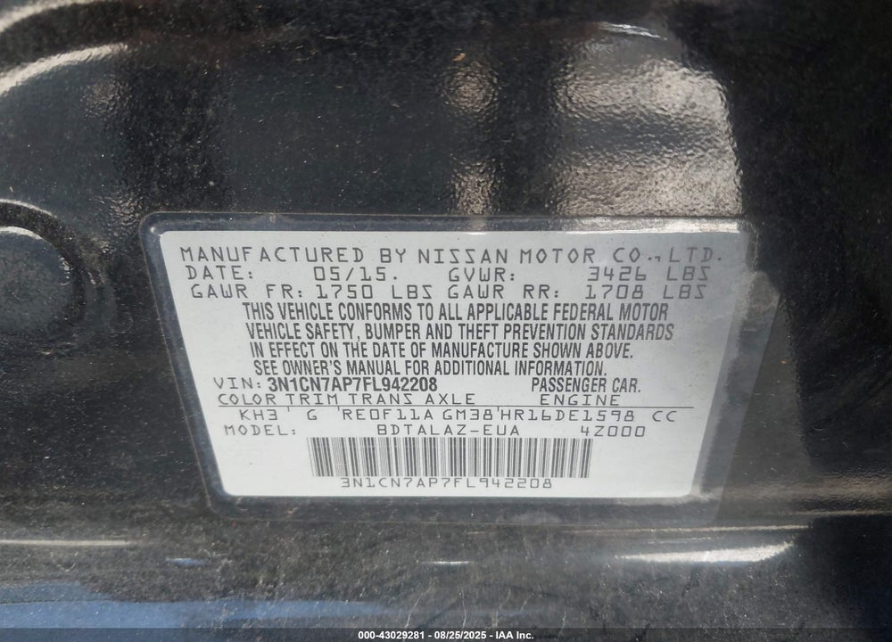 2015 NISSAN VERSA VIN: 3N1CN7AP7FL942208