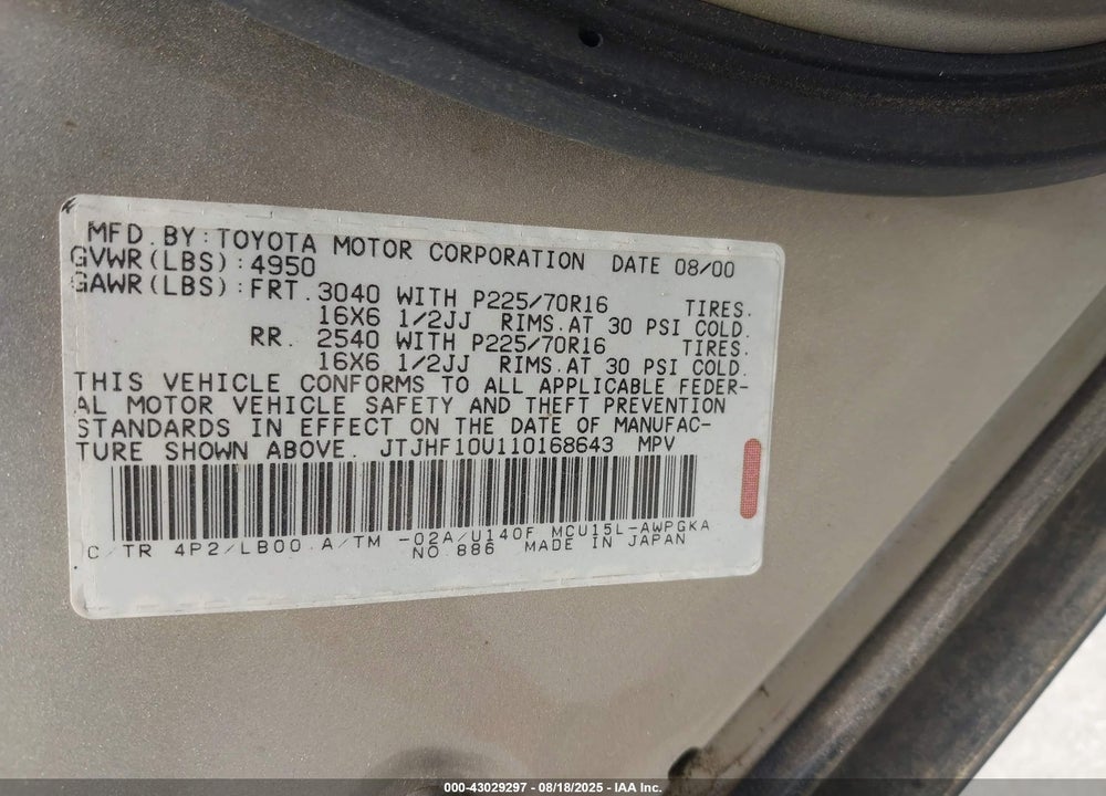2001 LEXUS RX 300 VIN: JTJHF10U110168643