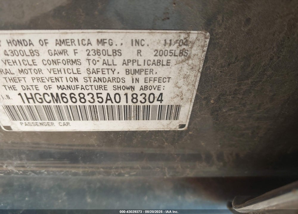 2005 HONDA ACCORD 3.0 EX VIN: 1HGCM66835A018304