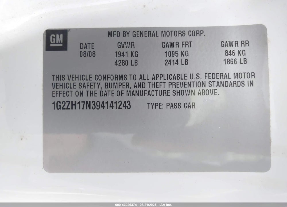 2009 PONTIAC G6 GT VIN: 1G2ZH17N394141243