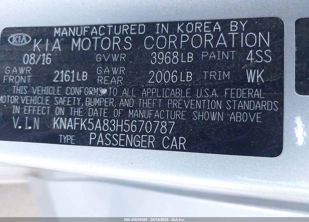 2017 KIA FORTE VIN: KNAFK5A83H5670787