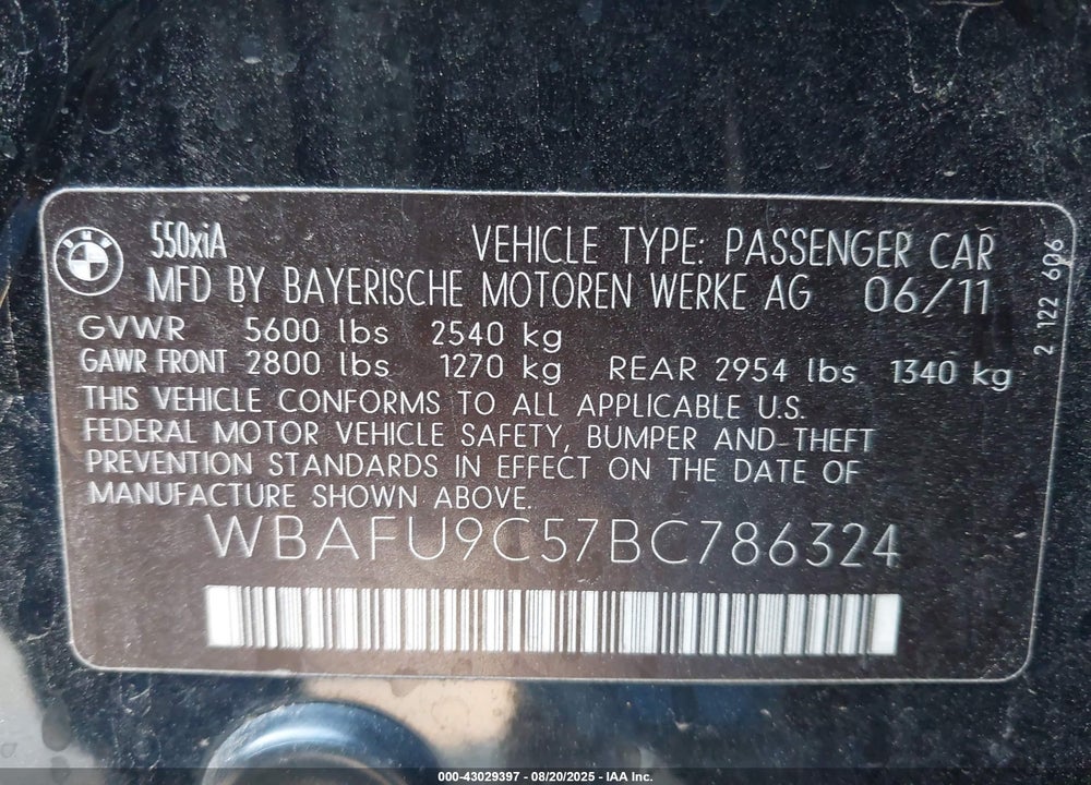 2011 BMW 5 SERIES VIN: WBAFU9C57BC786324