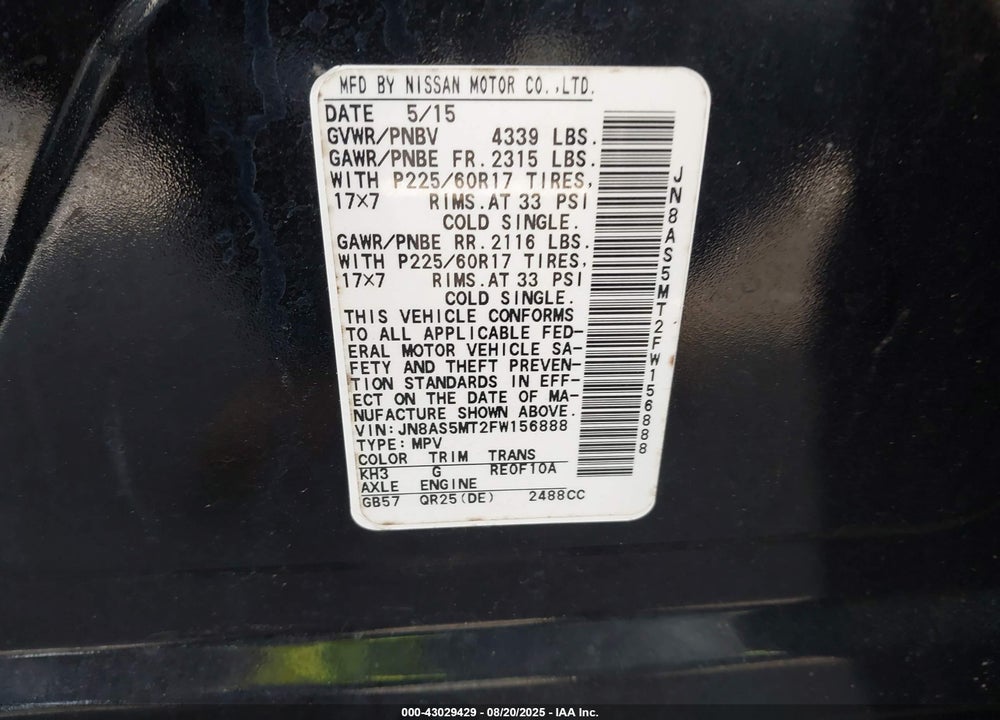 2015 NISSAN ROGUE VIN: JN8AS5MT2FW156888