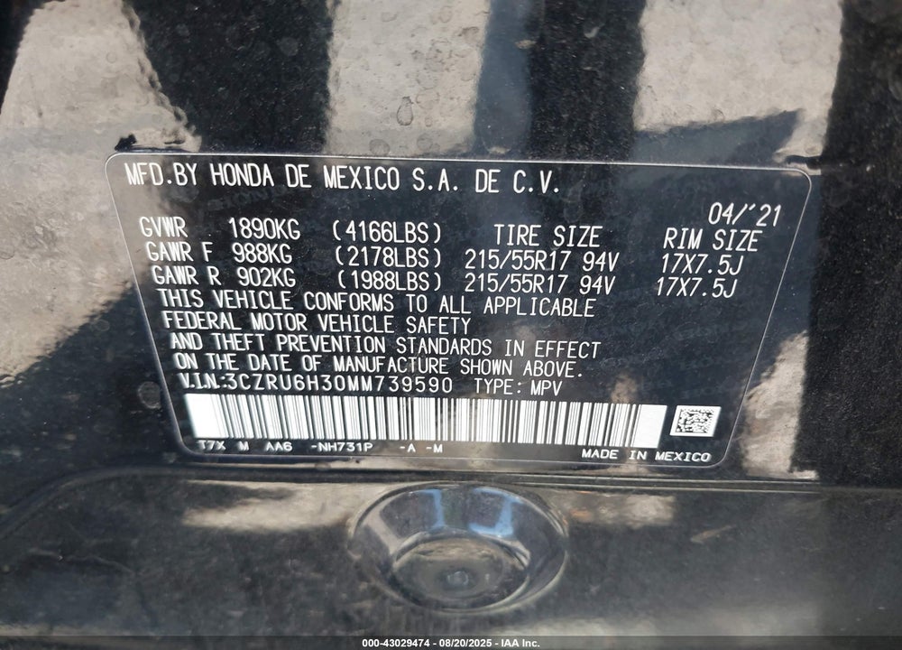 2021 HONDA HR-V VIN: 3CZRU6H30MM739590