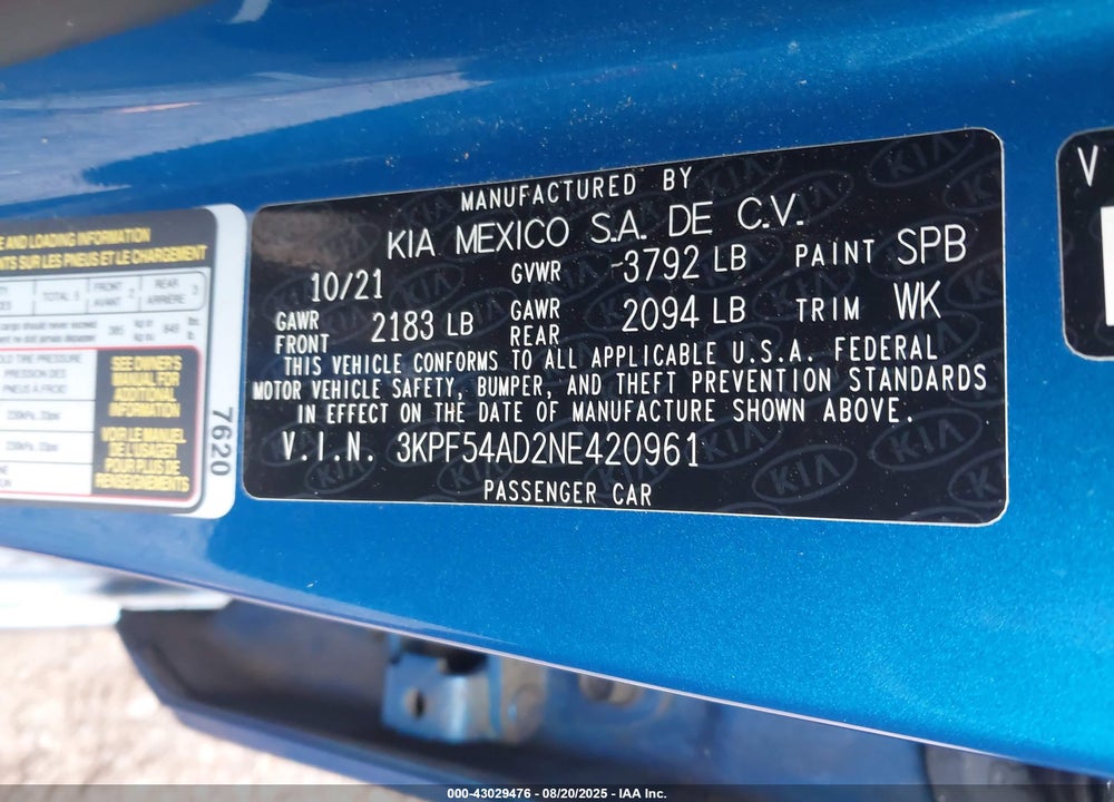 2022 KIA FORTE VIN: 3KPF54AD2NE420961
