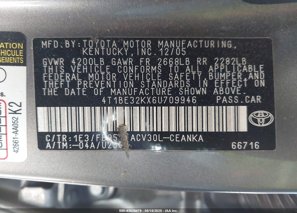 2006 TOYOTA CAMRY LE VIN: 4T1BE32KX6U709946