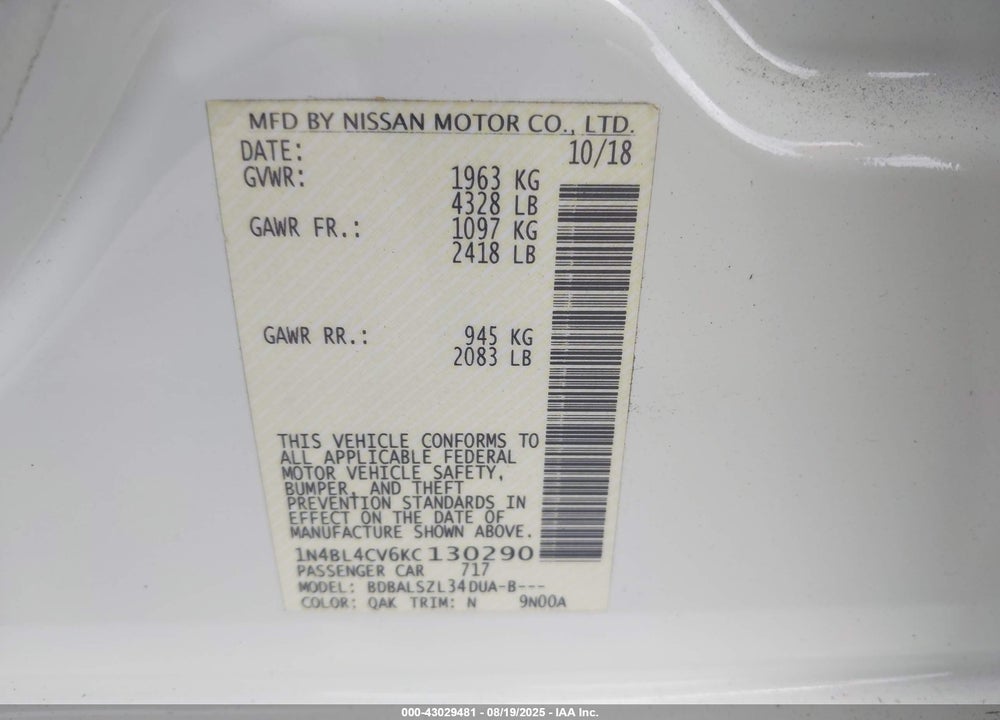 2019 NISSAN ALTIMA VIN: 1N4BL4CV6KC130290
