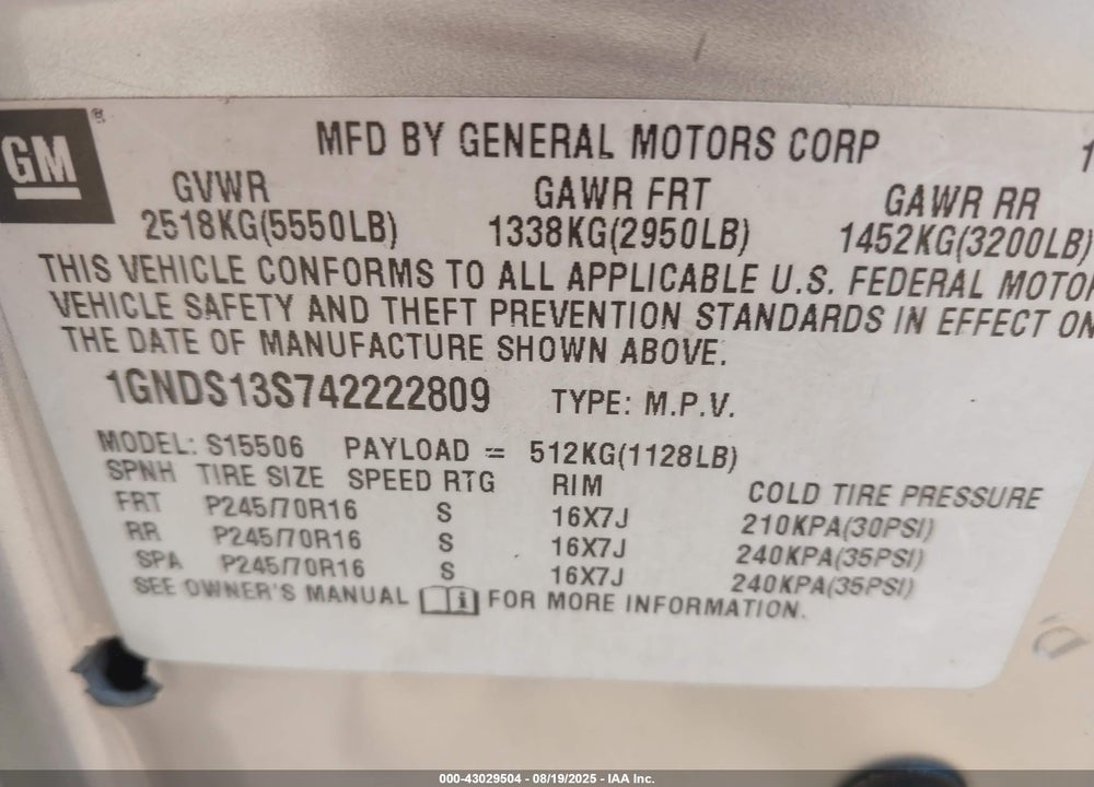 2004 CHEVROLET TRAILBLAZER LS VIN: 1GNDS13S742222809