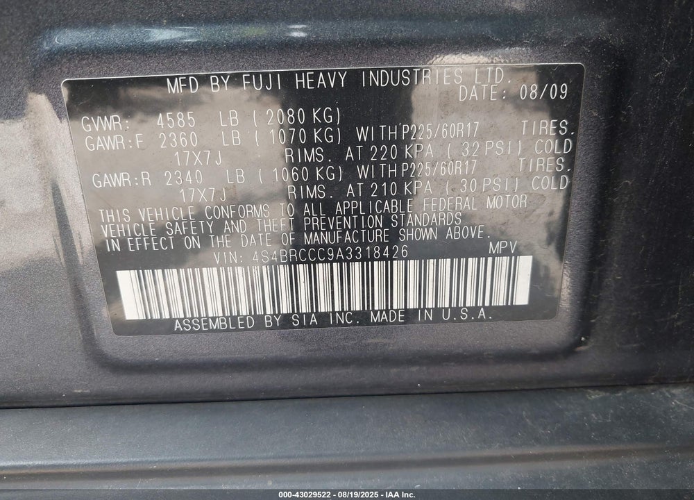 2010 SUBARU OUTBACK VIN: 4S4BRCCC9A3318426