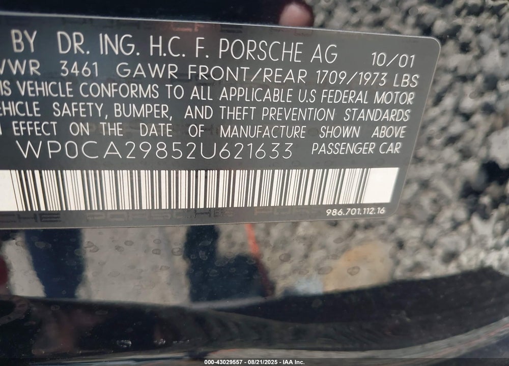 2002 PORSCHE BOXSTER VIN: WP0CA29852U621633