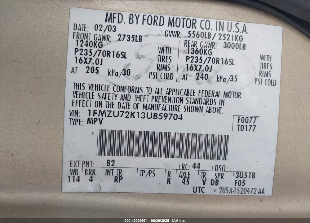 2003 FORD EXPLORER XLS VIN: 1FMZU72K13UB59704