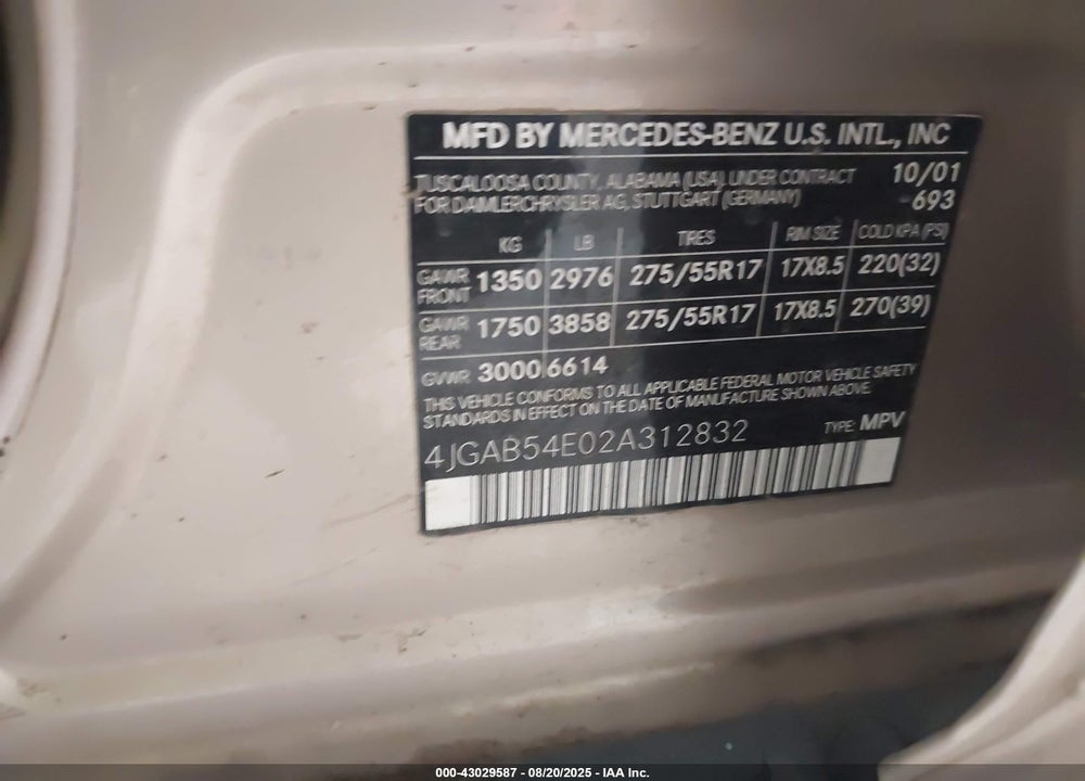 2002 MERCEDES-BENZ ML 320 VIN: 4JGAB54E02A312832