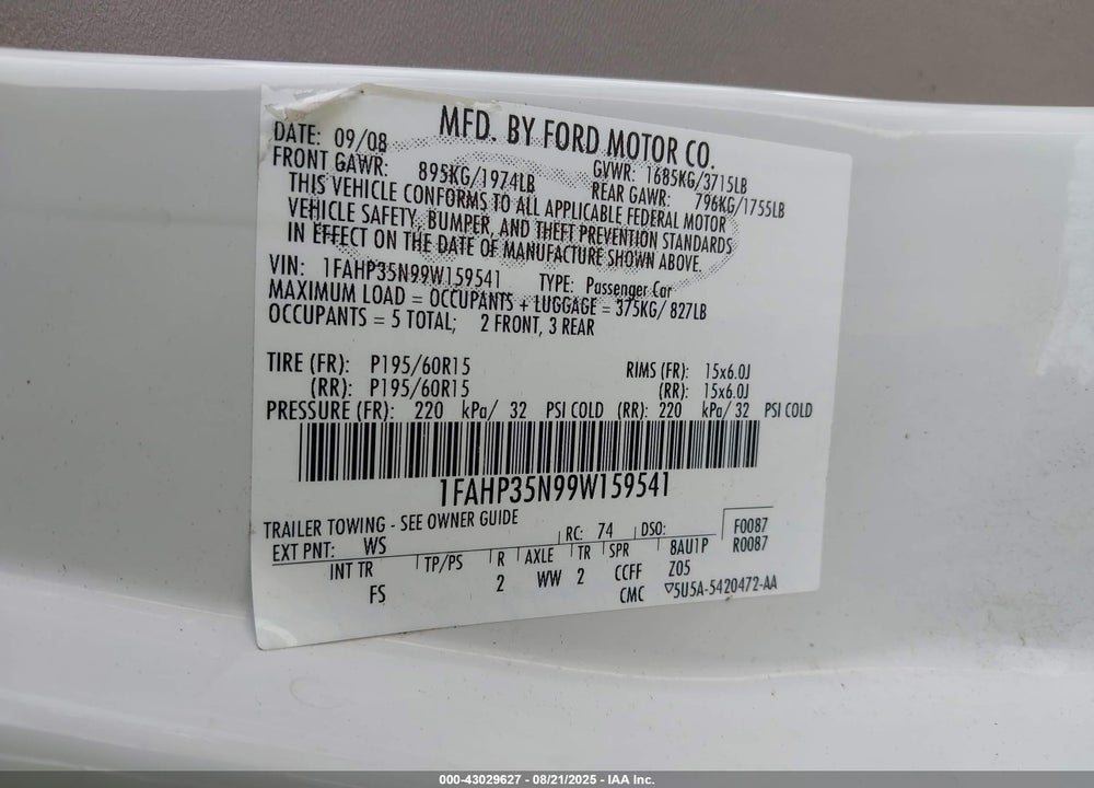 2009 FORD FOCUS VIN: 1FAHP35N99W159541