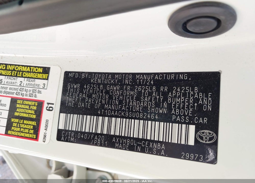 2025 TOYOTA CAMRY VIN: 4T1DAACK9SU082464