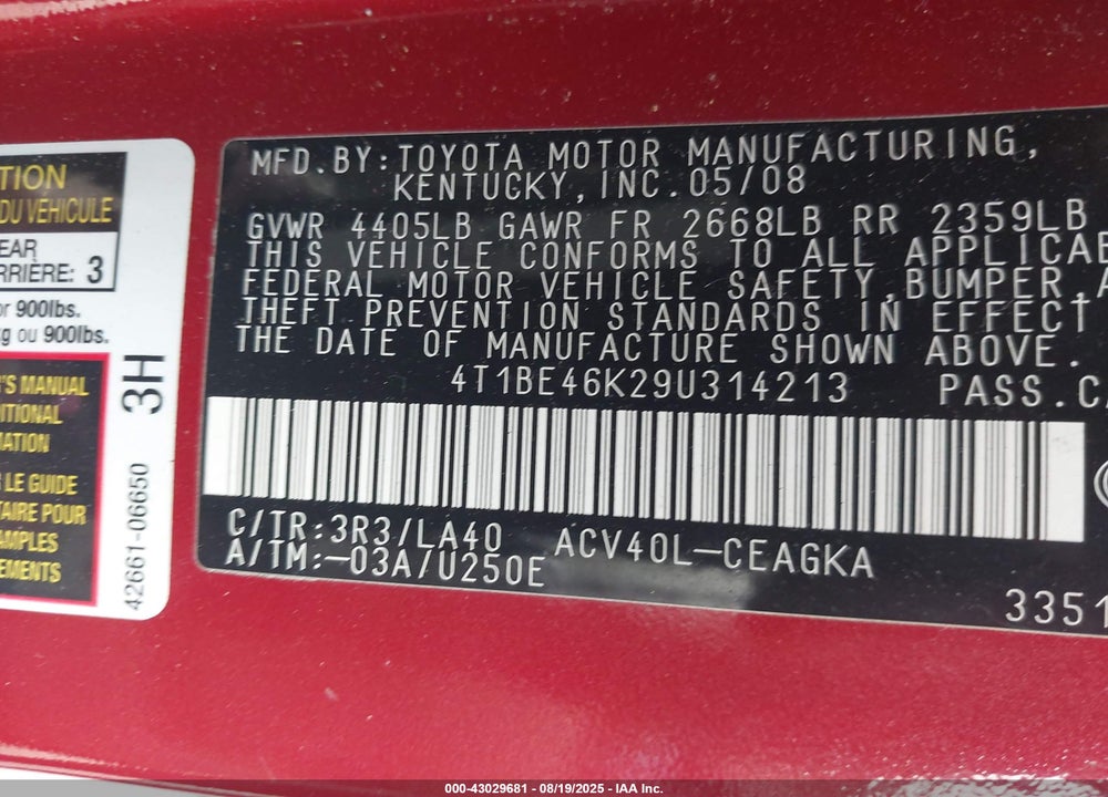 2009 TOYOTA CAMRY VIN: 4T1BE46K29U314213