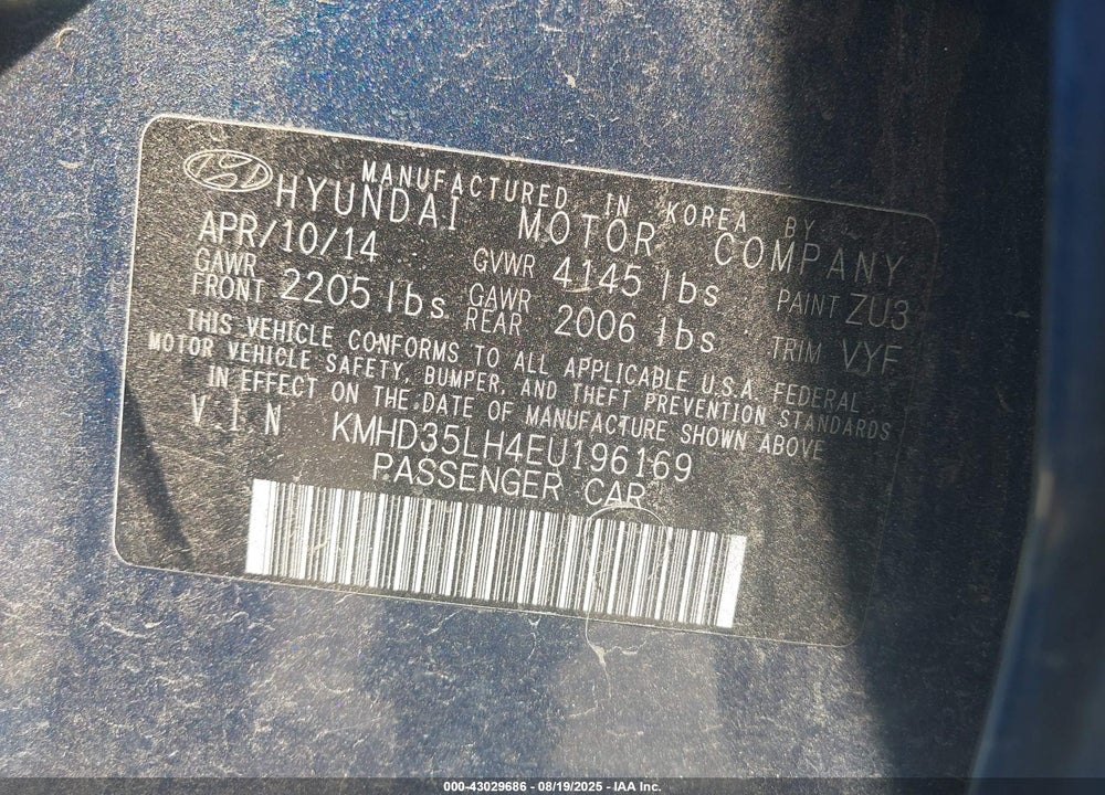 2014 HYUNDAI ELANTRA VIN: KMHD35LH4EU196169