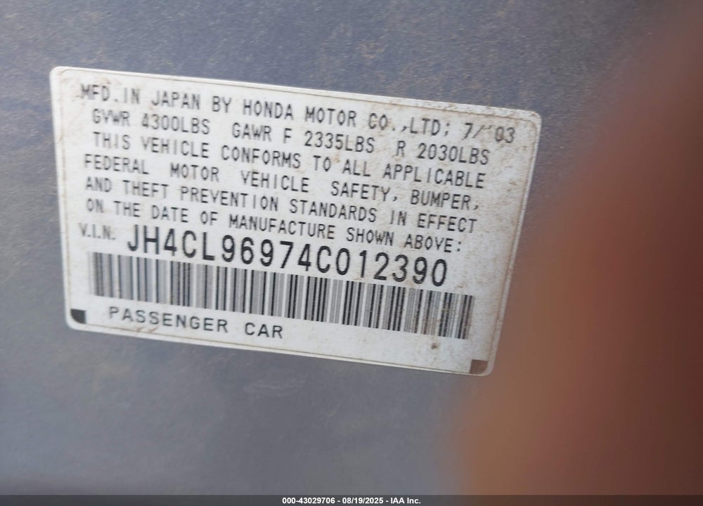 2004 ACURA TSX VIN: JH4CL96974C012390