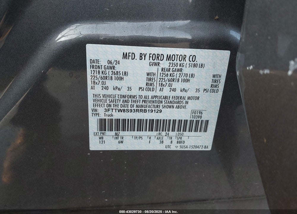 2024 FORD MAVERICK VIN: 3FTTW8S93RRB19129