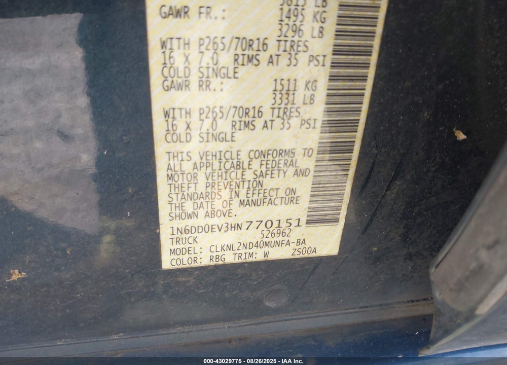 2017 NISSAN FRONTIER VIN: 1N6DD0EV3HN770151