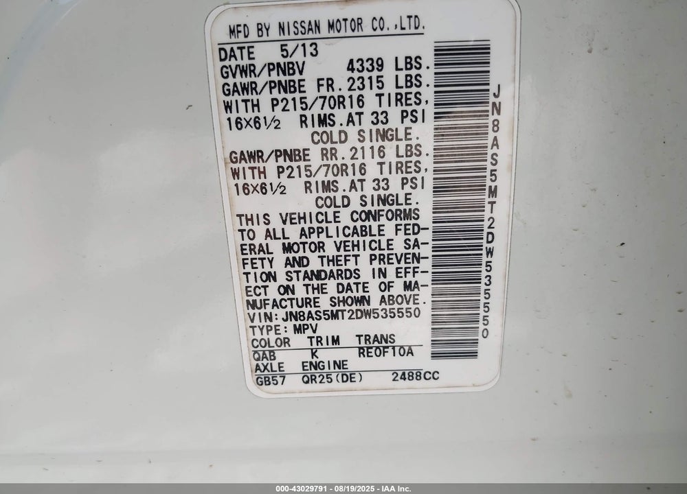 2013 NISSAN ROGUE VIN: JN8AS5MT2DW535550