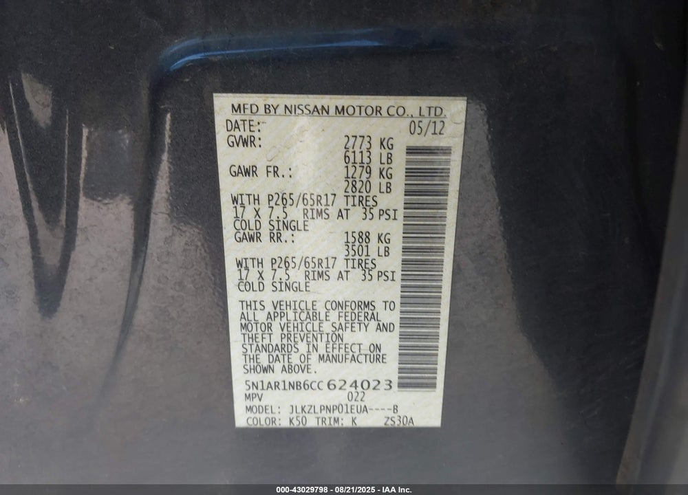 2012 NISSAN PATHFINDER VIN: 5N1AR1NB6CC624023