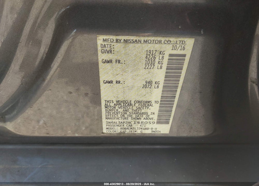 2017 NISSAN ALTIMA VIN: 1N4AL3AP2HC148059
