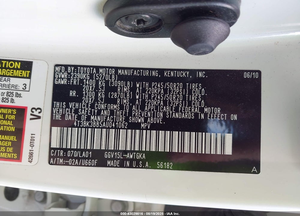 2010 TOYOTA VENZA VIN: 4T3BK3BB5AU041062