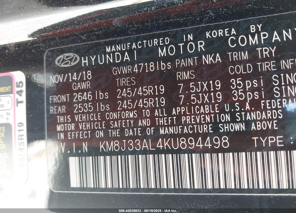 2019 HYUNDAI TUCSON VIN: KM8J33AL4KU894498