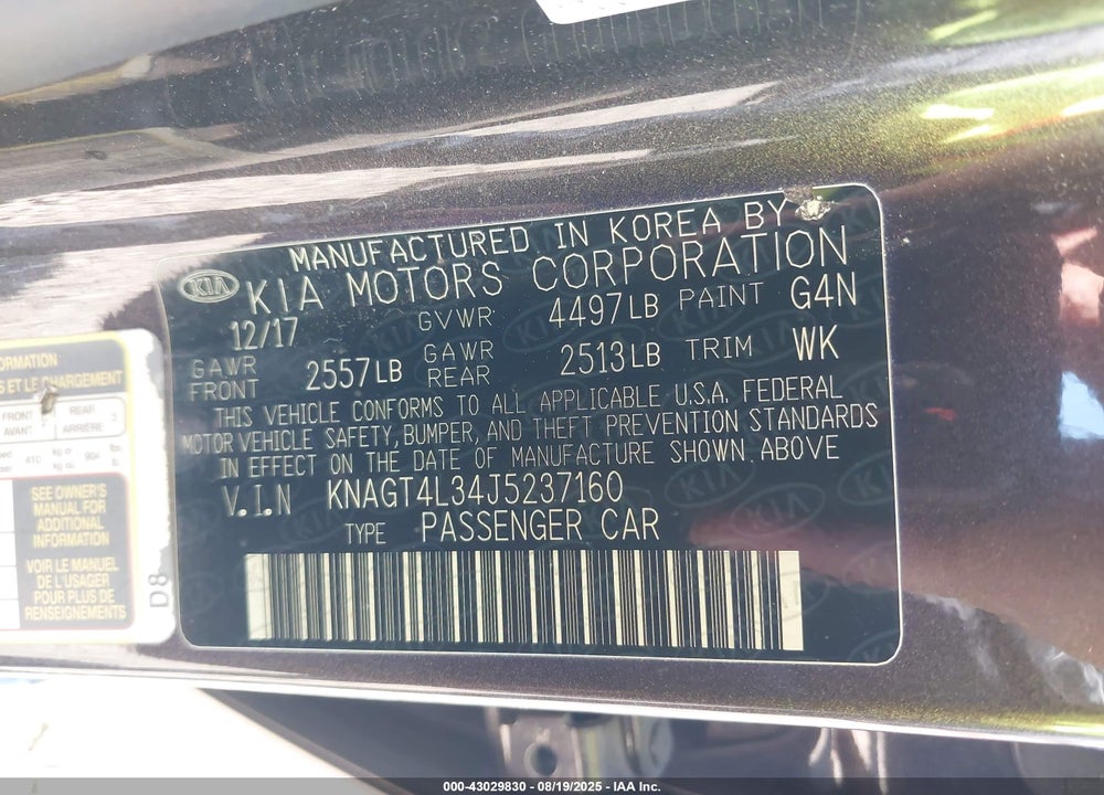 2018 KIA OPTIMA VIN: KNAGT4L34J5237160