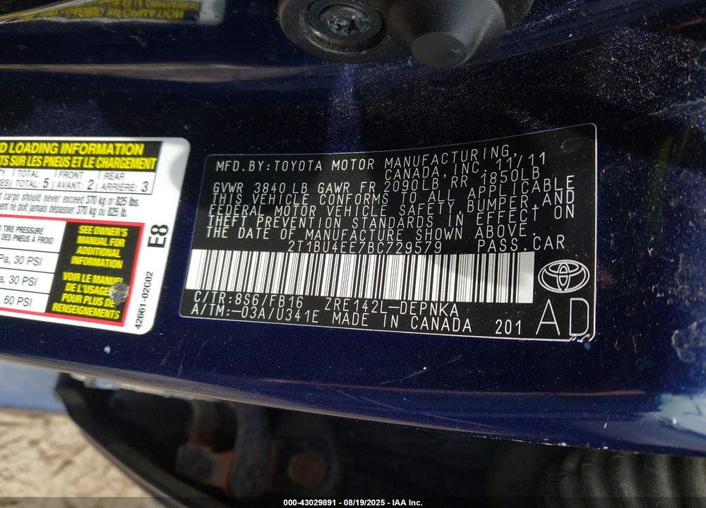 2011 TOYOTA COROLLA VIN: 2T1BU4EE7BC729579