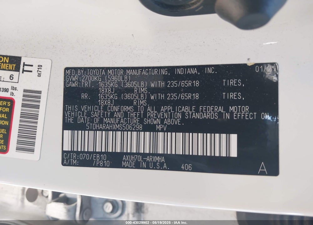 2021 TOYOTA HIGHLANDER VIN: 5TDHARAHXMS506298