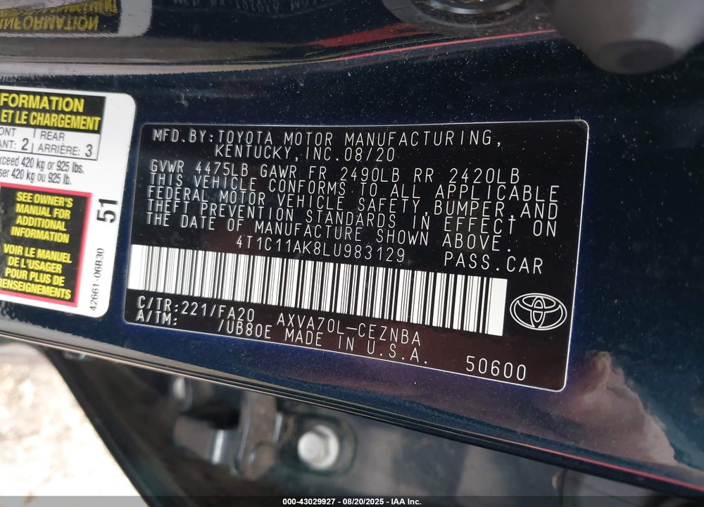 2020 TOYOTA CAMRY VIN: 4T1C11AK8LU983129