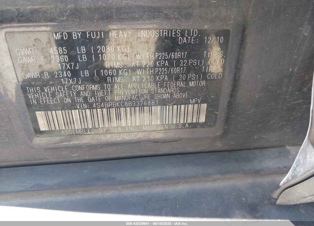 2011 SUBARU OUTBACK 2.5I LIMITED VIN: 4S4BRBKC8B3376881