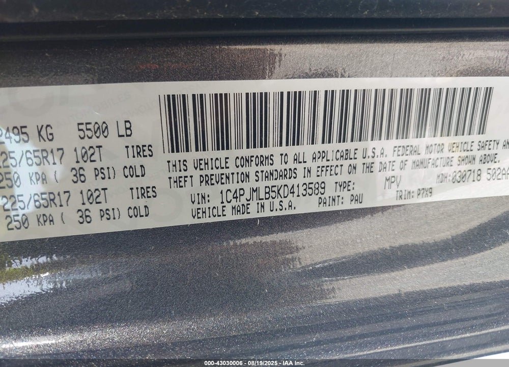 2019 JEEP CHEROKEE VIN: 1C4PJMLB5KD413589