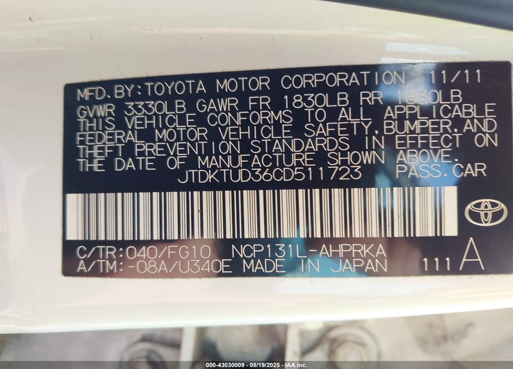 2012 TOYOTA YARIS VIN: JTDKTUD36CD511723