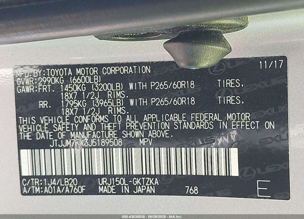 2018 LEXUS GX 460 VIN: JTJJM7FX3J5189508